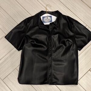 Elegant Black Button Down faux leather Women's Shirt